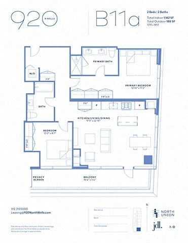 Floor plan for 2 beds, 2 baths, 1162 sqft