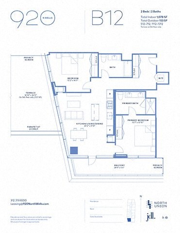 Floor plan for 2 beds, 2 baths, 1078 sqft