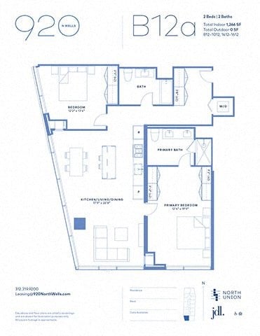 Floor plan for 2 beds, 2 baths, 1259 sqft
