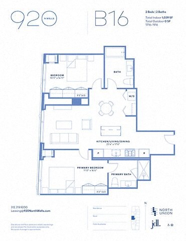 Floor plan for 2 beds, 2 baths, 1030 sqft