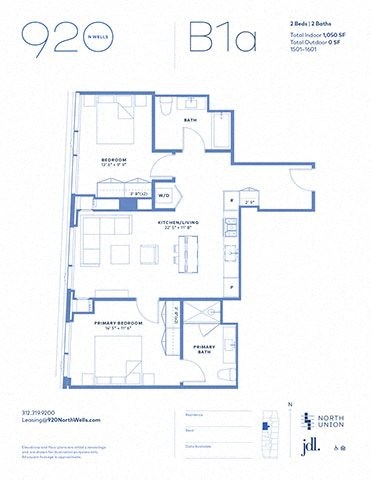 Floor plan for 2 beds, 2 baths, 1050 sqft