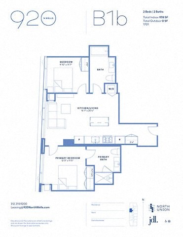 Floor plan for 2 beds, 2 baths, 978 sqft