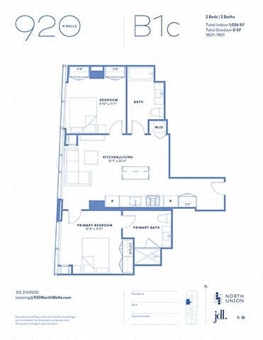 Floor plan for 2 beds, 2 baths, 1017 sqft