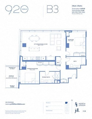 Floor plan for 2 beds, 2 baths, 1317 sqft