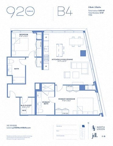 Floor plan for 2 beds, 2 baths, 1150 sqft