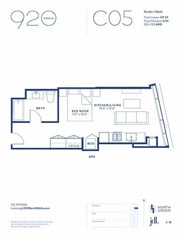 Floor plan for studio, 1 bath, 517 sqft