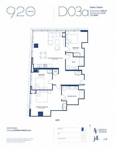 Floor plan for 3 beds, 2 baths, 1406 sqft