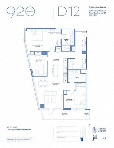 Floor plan for 3 beds, 2 baths, 1625 sqft