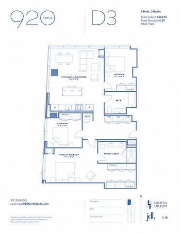 Floor plan for 3 beds, 2 baths, 1461 sqft