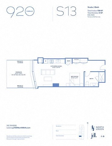 Floor plan for studio, 1 bath, 558 sqft