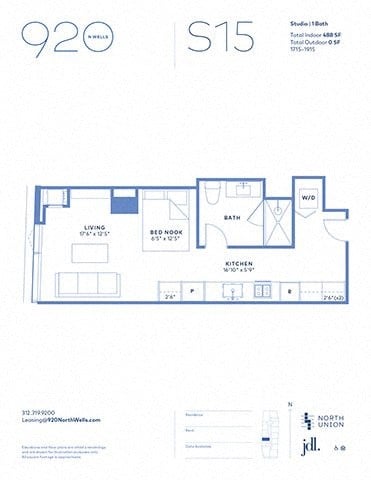 Floor plan for studio, 1 bath, 488 sqft