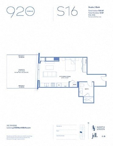 Floor plan for studio, 1 bath, 535 sqft