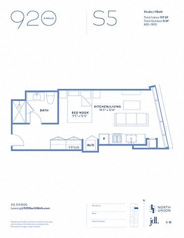 Floor plan for studio, 1 bath, 521 sqft