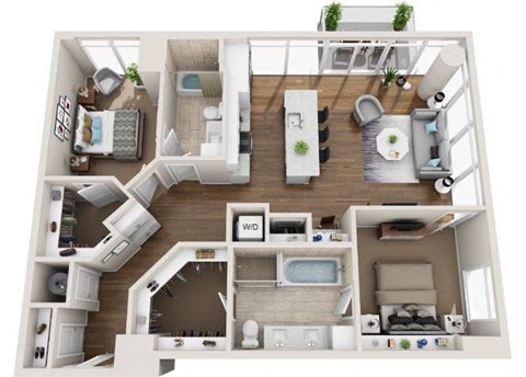 Floor plan for 2 beds, 2 baths, 1288 sqft