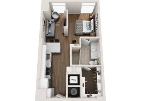 Floor plan for studio, 1 bath, 621 sqft