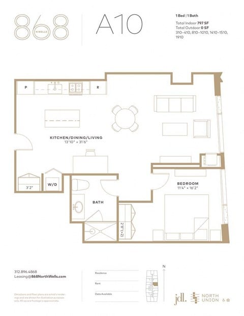 Floor plan for 1 bed, 1 bath, 797 sqft