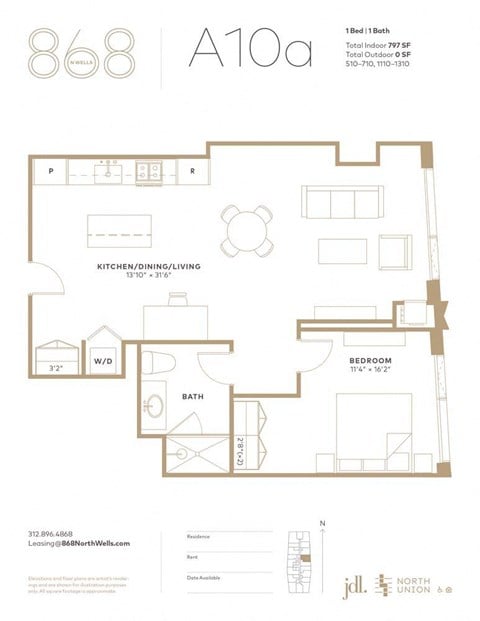 Floor plan for 1 bed, 1 bath, 797 sqft