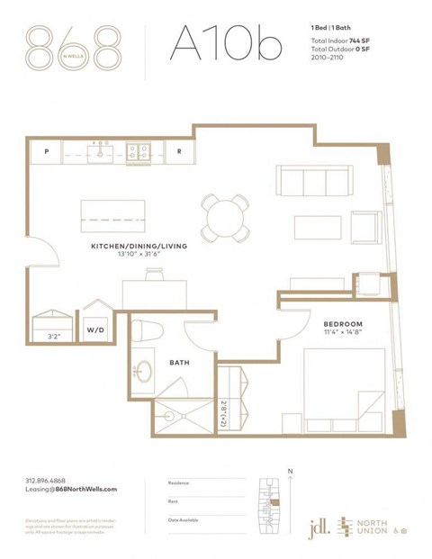 Floor plan for 1 bed, 1 bath, 744 sqft