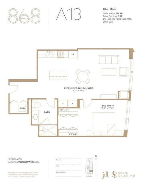 Floor plan for 1 bed, 1 bath, 764 sqft