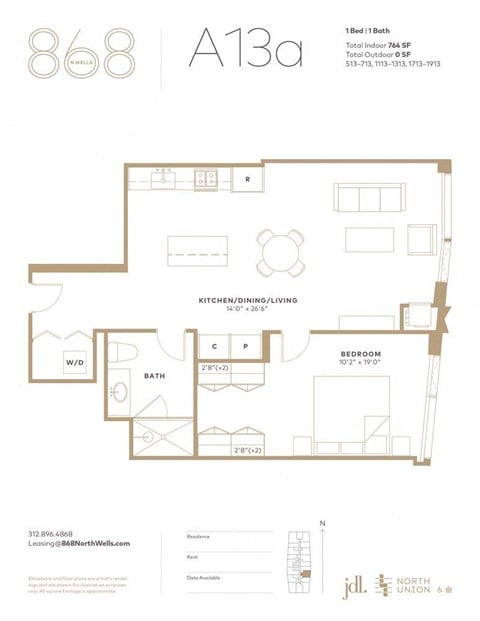 Floor plan for 1 bed, 1 bath, 764 sqft
