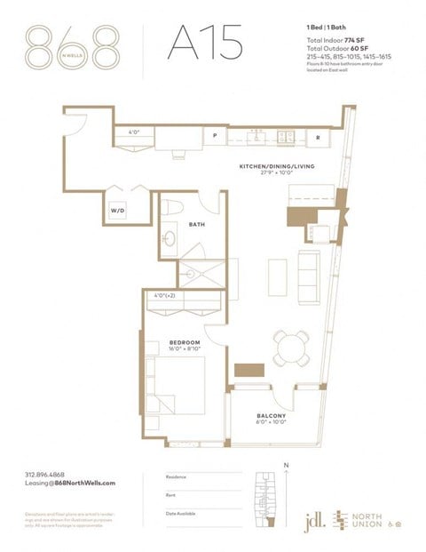 Floor plan for 1 bed, 1 bath, 774 sqft