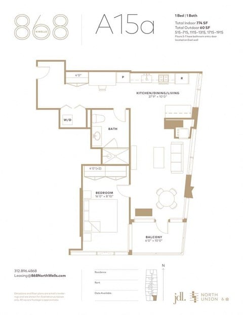 Floor plan for 1 bed, 1 bath, 774 sqft