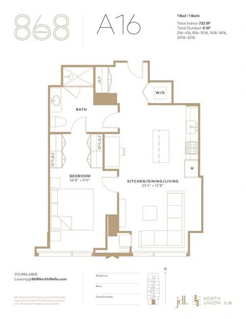 Floor plan for 1 bed, 1 bath, 732 sqft