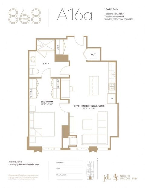 Floor plan for 1 bed, 1 bath, 732 sqft