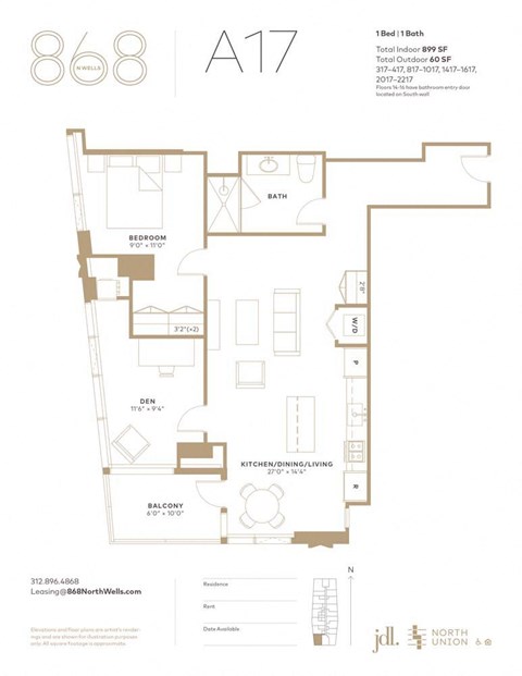 Floor plan for 1 bed, 1 bath, 899 sqft