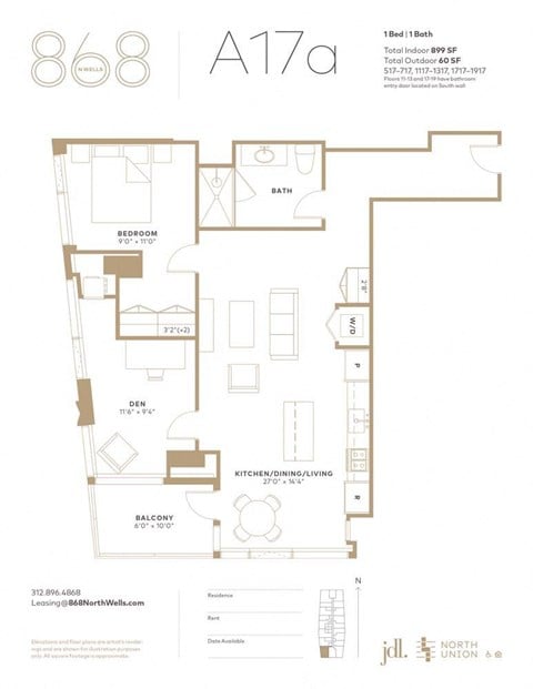 Floor plan for 1 bed, 1 bath, 899 sqft