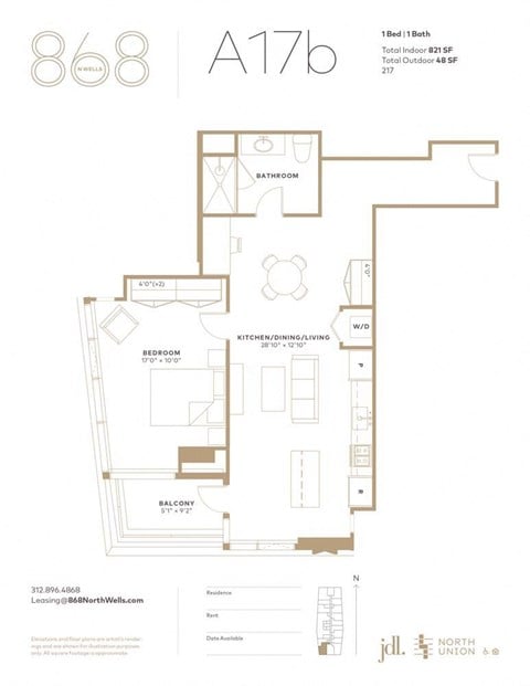 Floor plan for 1 bed, 1 bath, 821 sqft