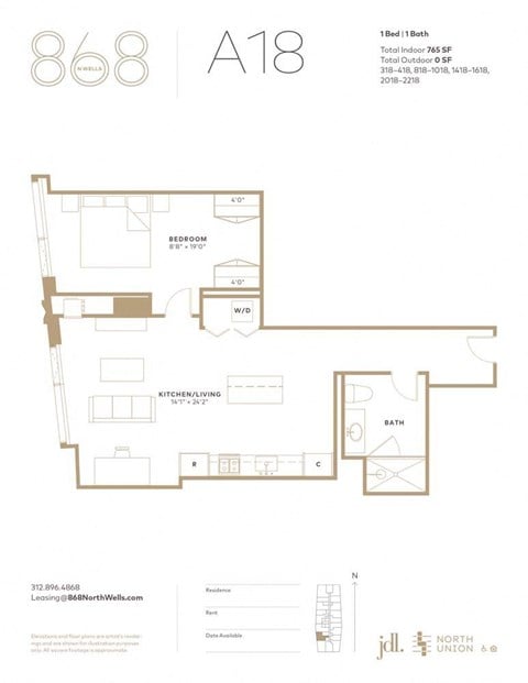 Floor plan for 1 bed, 1 bath, 765 sqft