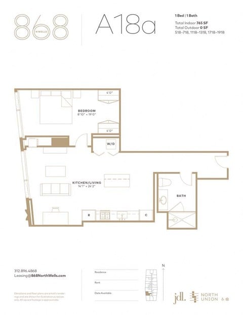 Floor plan for 1 bed, 1 bath, 765 sqft