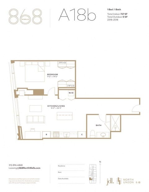 Floor plan for 1 bed, 1 bath, 727 sqft