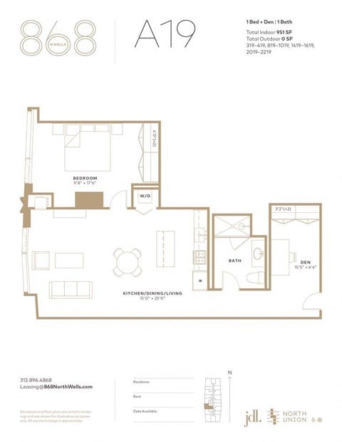 Floor plan for 1 bed, 1 bath, 951 sqft