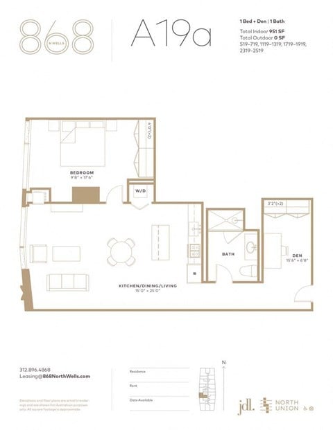 Floor plan for 1 bed, 1 bath, 951 sqft