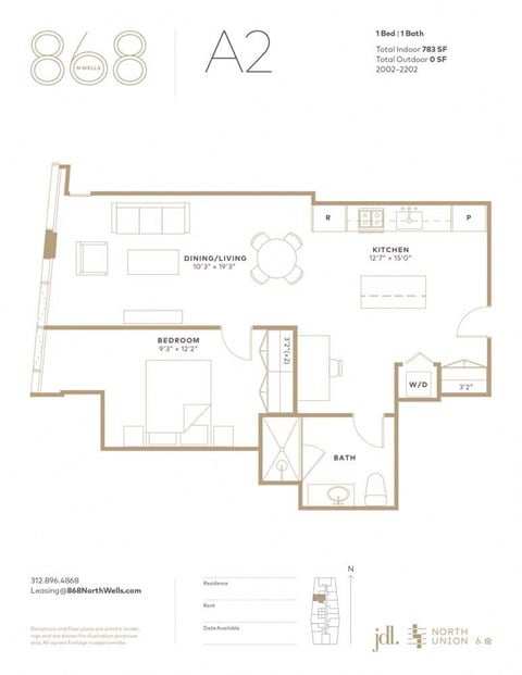 Floor plan for 1 bed, 1 bath, 783 sqft