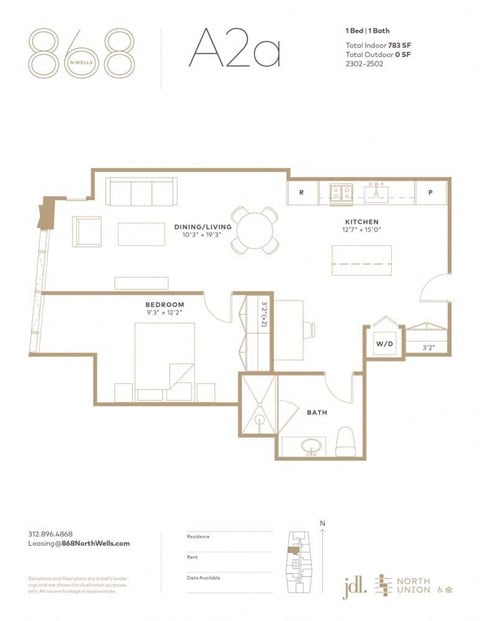 Floor plan for 1 bed, 1 bath, 783 sqft