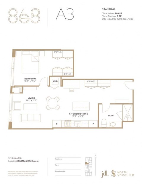 Floor plan for 1 bed, 1 bath, 803 sqft