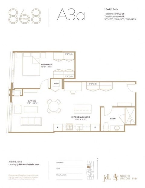 Floor plan for 1 bed, 1 bath, 803 sqft