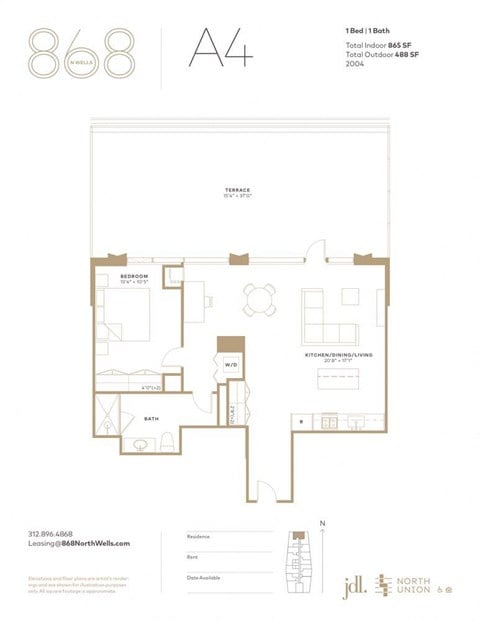 Floor plan for 1 bed, 1 bath, 865 sqft