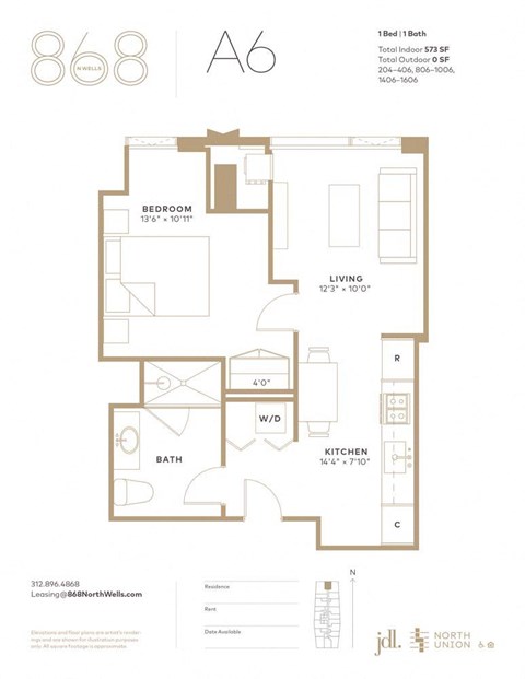 Floor plan for 1 bed, 1 bath, 573 sqft