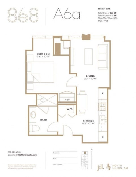 Floor plan for 1 bed, 1 bath, 573 sqft