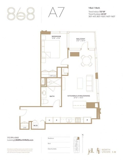 Floor plan for 1 bed, 1 bath, 727 sqft