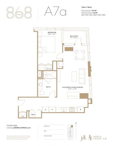 Floor plan for 1 bed, 1 bath, 727 sqft