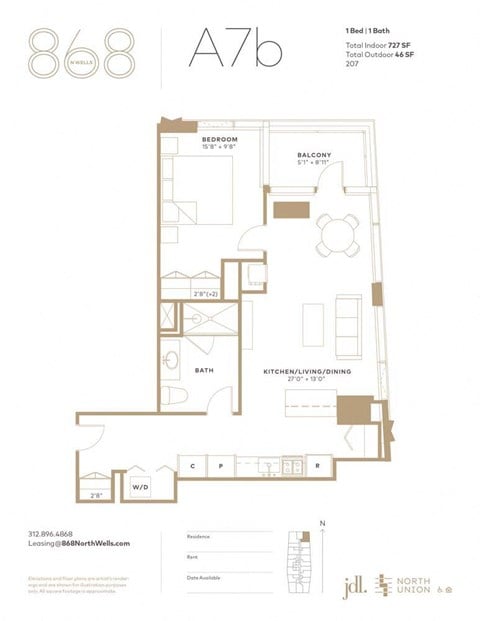 Floor plan for 1 bed, 1 bath, 727 sqft