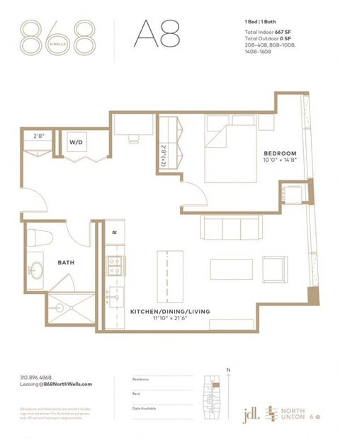 Floor plan for 1 bed, 1 bath, 667 sqft
