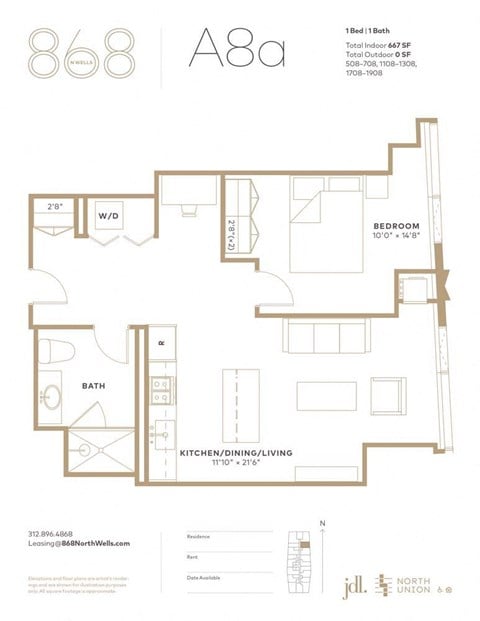 Floor plan for 1 bed, 1 bath, 667 sqft