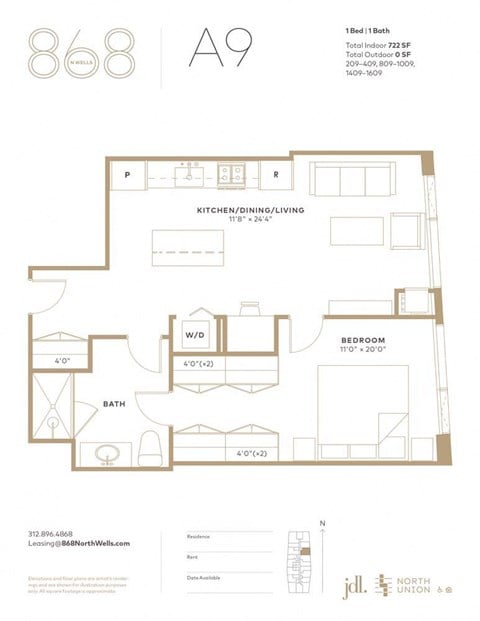 Floor plan for 1 bed, 1 bath, 722 sqft