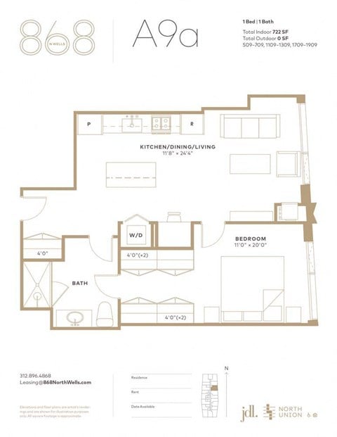Floor plan for 1 bed, 1 bath, 722 sqft